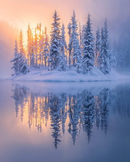 Snow-covered pine trees reflecting in still water with golden sunrise light through fog