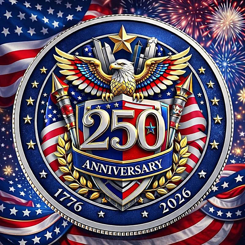 America 250th anniversary emblem with eagle, shield, stars, and fireworks in patriotic red, white and blue colors