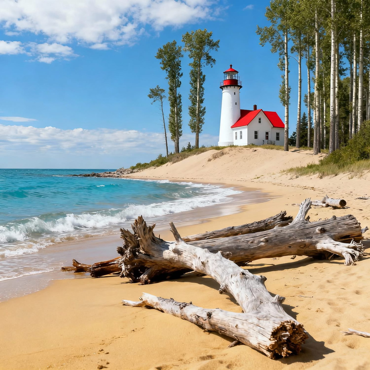 White lighthouse with red trim on sandy beach with driftwood and trees along Lake Michigan shoreline