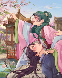 Two anime girls in traditional clothes sitting outdoors under blooming cherry blossom trees with Asian village background