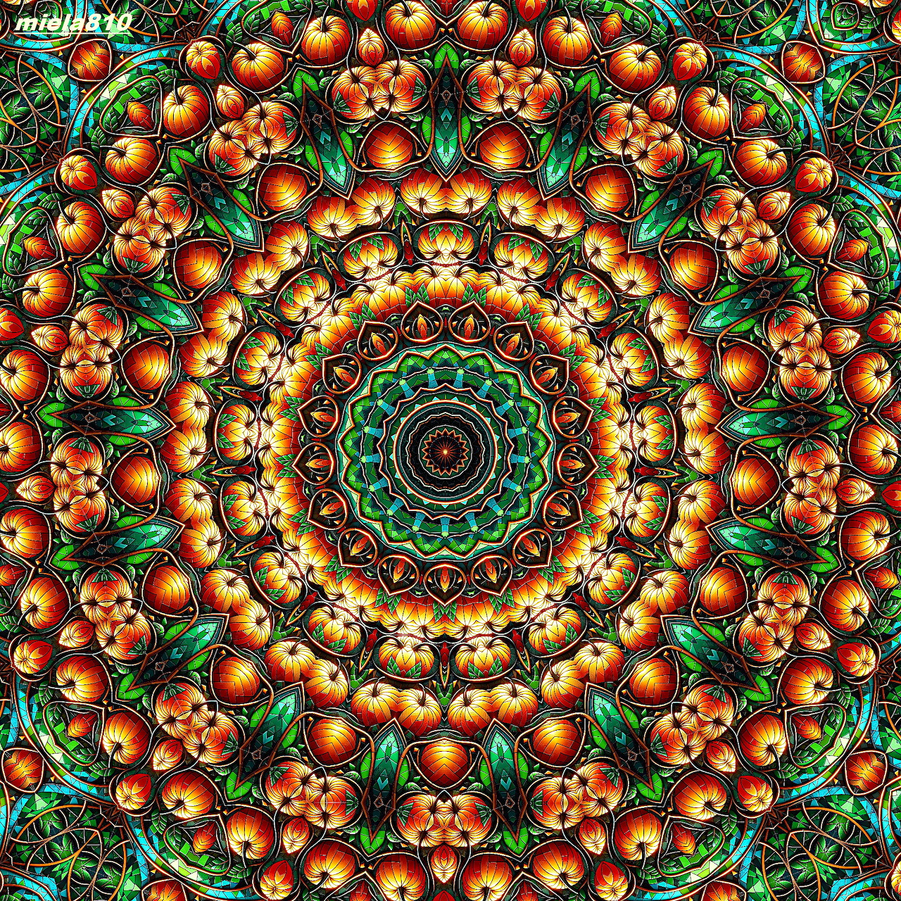 Detailed mandala with concentric circles of orange teardrops and green floral patterns radiating from center