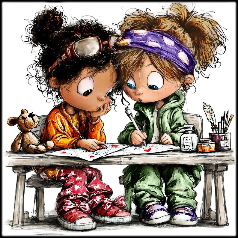 Illustration of two little girls drawing together at a table with art supplies and a teddy bear
