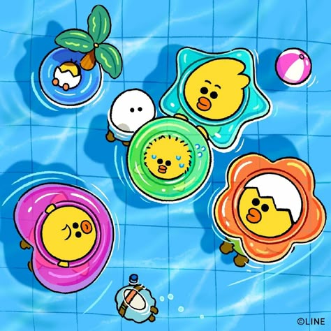 Cartoon yellow chick characters on colorful pool floats in blue water with a beach ball