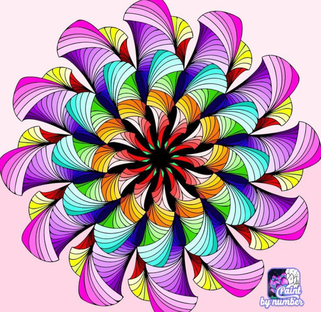 Colorful mandala with rainbow spiral petals in radial symmetry on pink background
