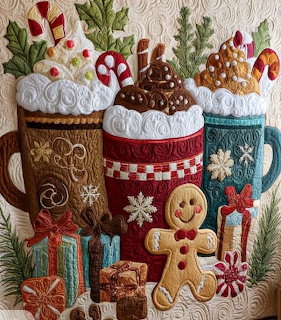 Quilted Christmas scene with cocoa mugs, gingerbread man, candy canes and gifts