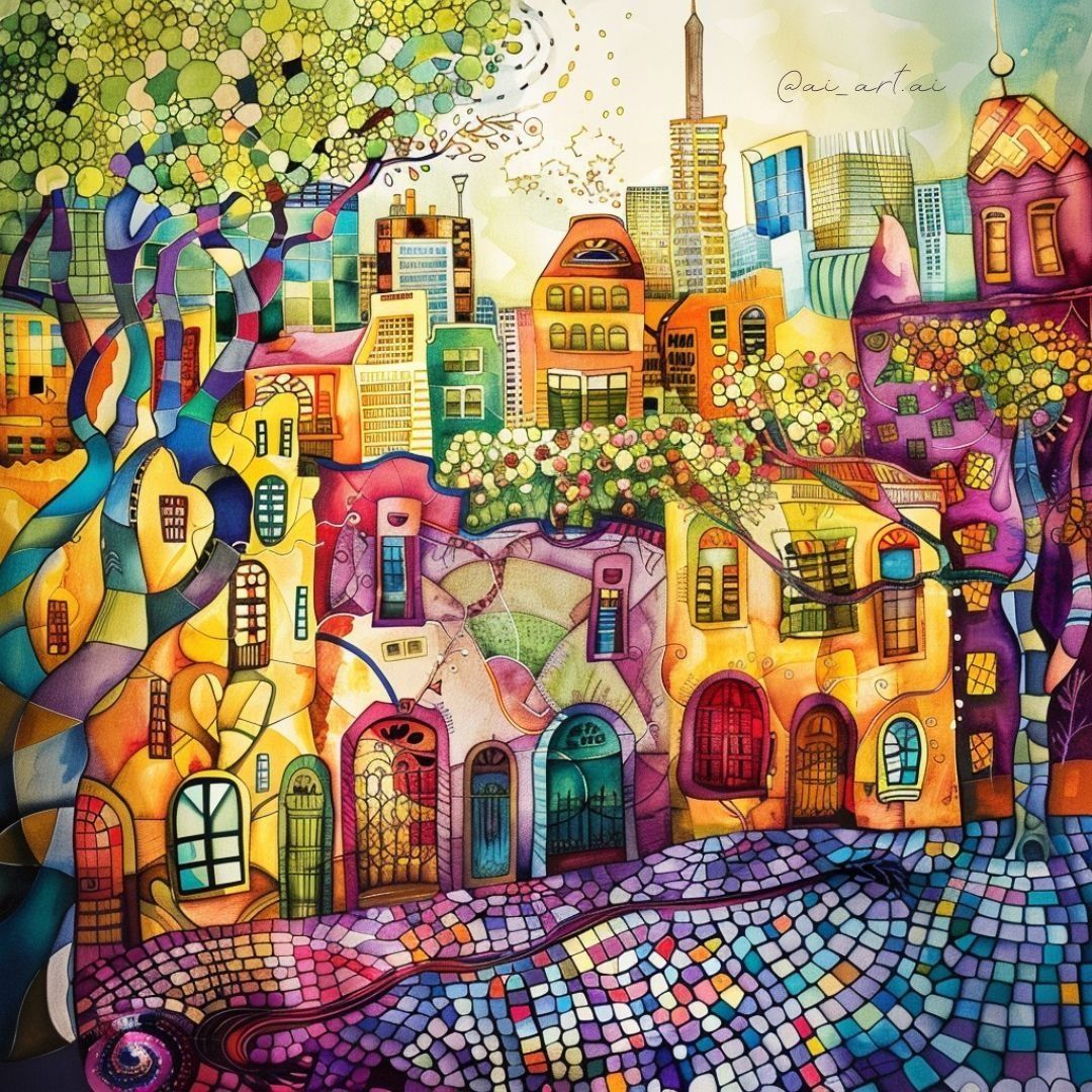 Whimsical illustration of a colorful fantasy village with bright buildings, decorated trees, and mosaic streets