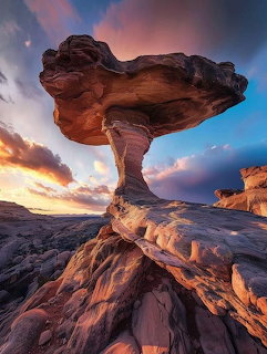 Mushroom-shaped hoodoo rock formation at sunset in Canyonlands National Park, Utah