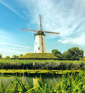 White windmill by a pond with green grass and a blue sky with thin clouds