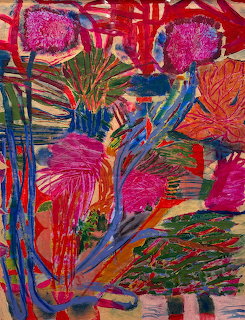 Vibrant abstract painting with bold red, pink, blue and green brushstrokes in explosive pattern