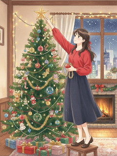 Anime woman in red sweater decorating Christmas tree indoors with fireplace and presents