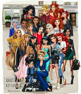 Large group of illustrated Disney princesses in various modern outfits posed together indoors