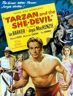 Vintage Tarzan movie poster showing muscular hero with jungle backdrop and supporting cast