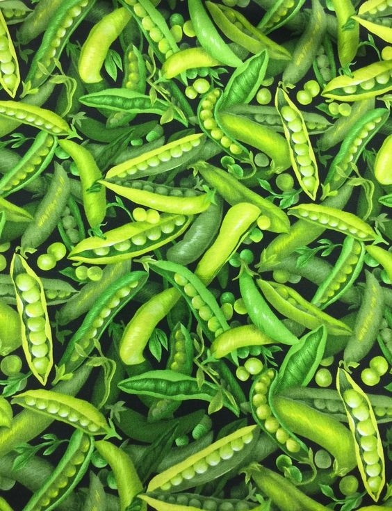 Repeating pattern of bright green pea pods and loose peas filling the entire frame