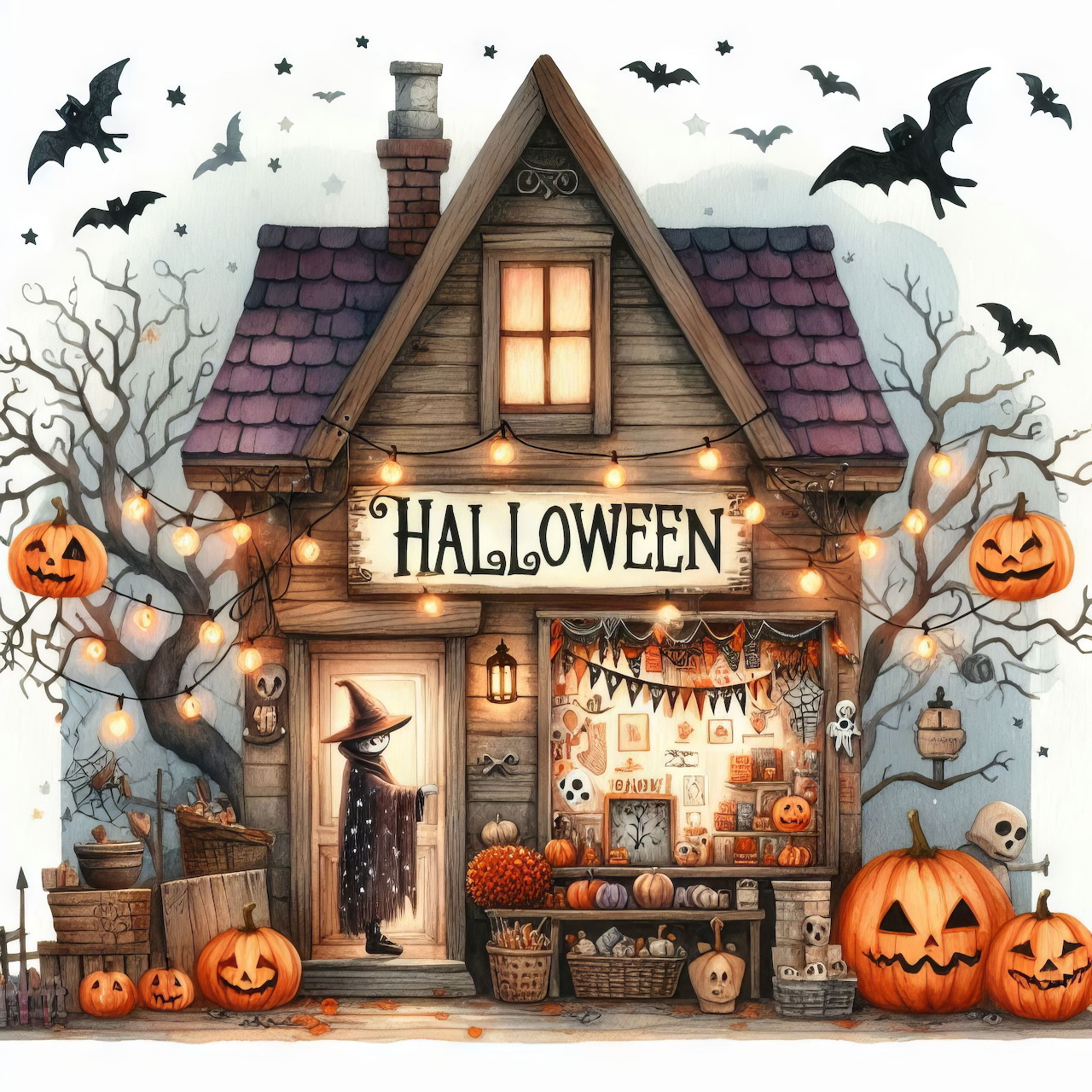 Illustrated Halloween shop with pumpkins, bats, lights, and spooky decorations outside a cottage
