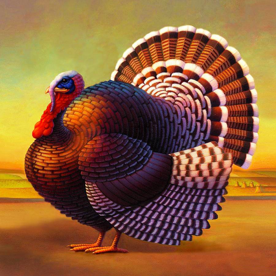 Colorful painting of turkey with fanned tail feathers in blues and oranges on golden background