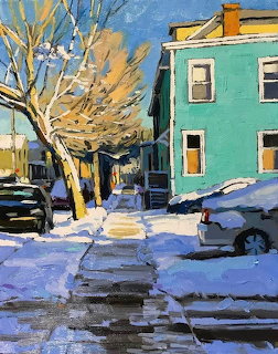 Painting of snowy Halifax street with turquoise house and golden winter tree