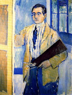 Expressionist painting of a man in glasses and beige jacket holding a painter's palette and brushes