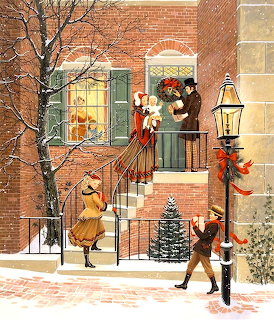 Victorian Christmas scene with carolers by decorated brick house entrance in snow