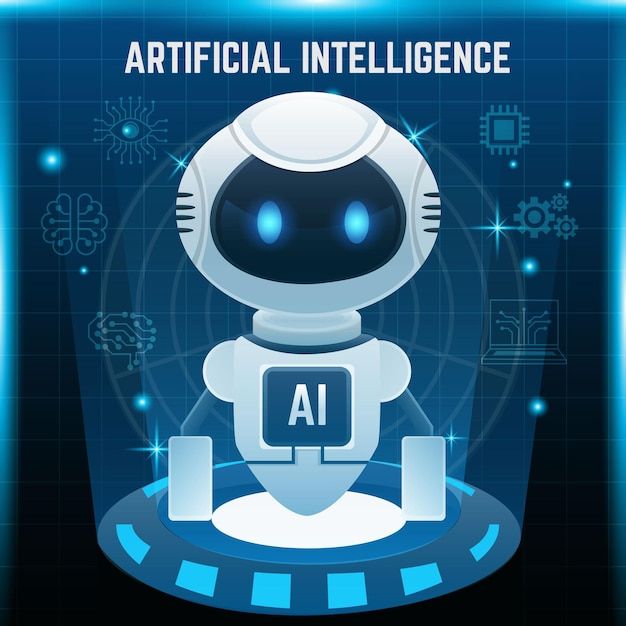 Cute white AI robot with blue glowing eyes on a futuristic blue tech background