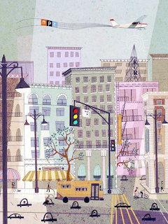 Pastel illustration of a city street with buildings, traffic light, cars, taxi, and airplane overhead