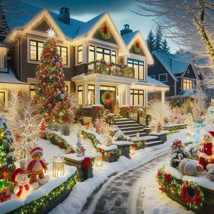 Snowy house decorated with Christmas lights, wreaths, and a large outdoor tree