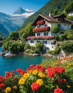 Swiss chalet with colorful flower balconies beside a turquoise lake with snow-capped mountain behind