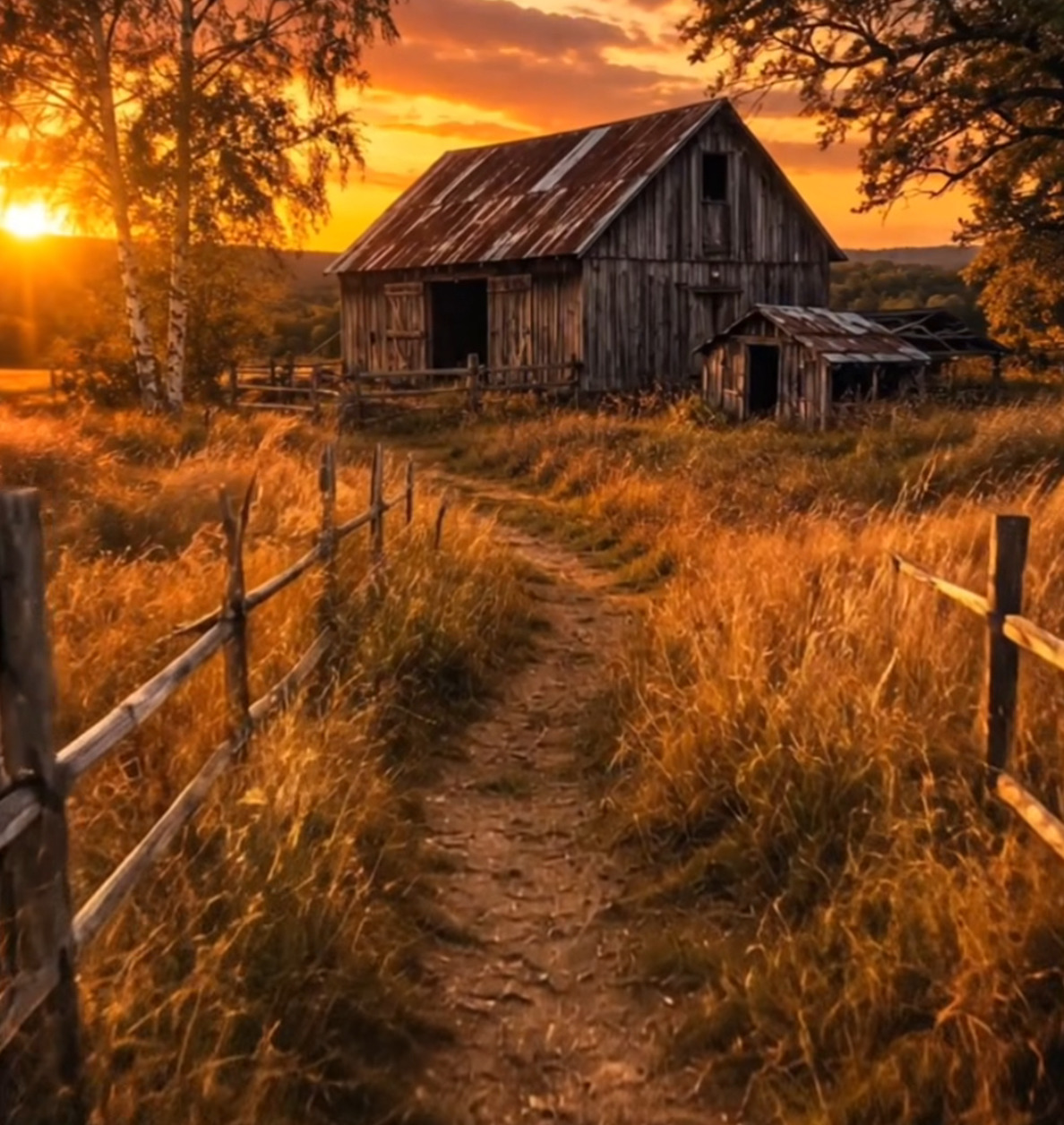 Dirt path leading to an old wooden barn at sunset with golden grass and fence