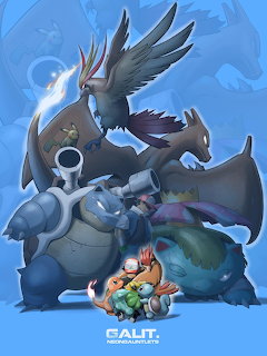 Anime trainer with team of blue dragon Pokemon including Articuno, Blastoise, and Charizard on blue background