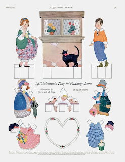 Vintage paper doll sheet with children, hearts, cat, and Valentine decorations in nostalgic 1930s illustration style