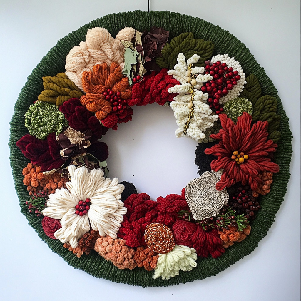 Decorative Christmas wreath made of yarn flowers in red, cream, orange, and burgundy tones on green wrapped ring
