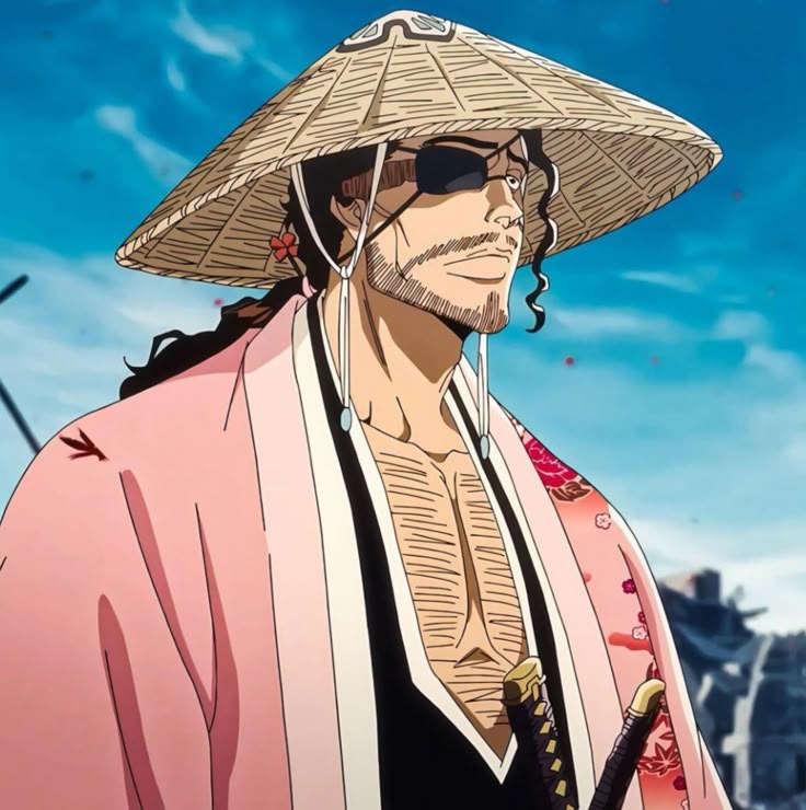 Anime character Kyoraku Shunsui in a straw hat and pink kimono under a blue sky