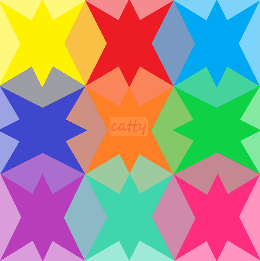 Grid of colorful overlapping eight-pointed stars in rainbow hues on gray background