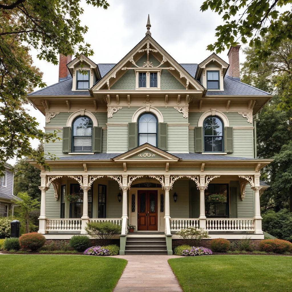 Victorian house with decorative trim, front porch, and arched windows surrounded by green lawn and trees