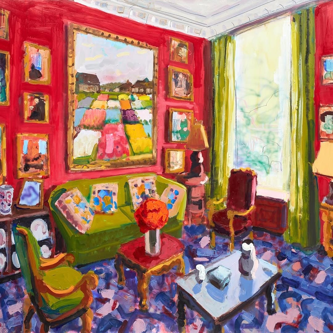 Painting of a bright salon with red walls, green sofa, patterned floor, and multiple framed artworks