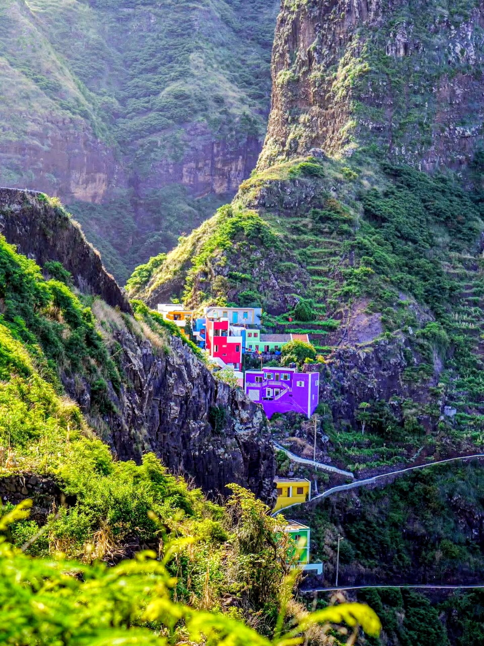 Aerial view of colorful houses in steep green mountain valley with winding road
