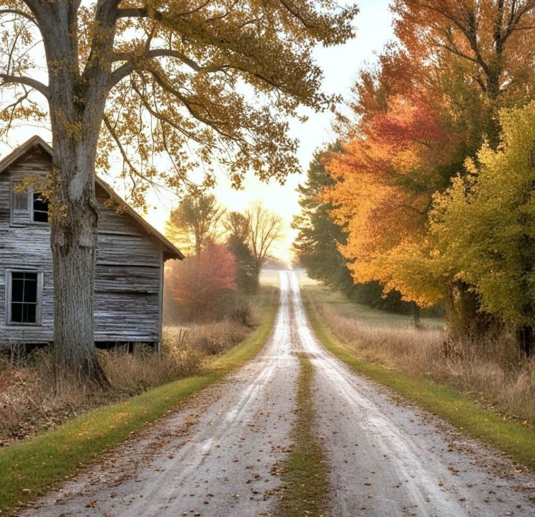 Dirt road beside an old wooden barn and autumn trees in warm light