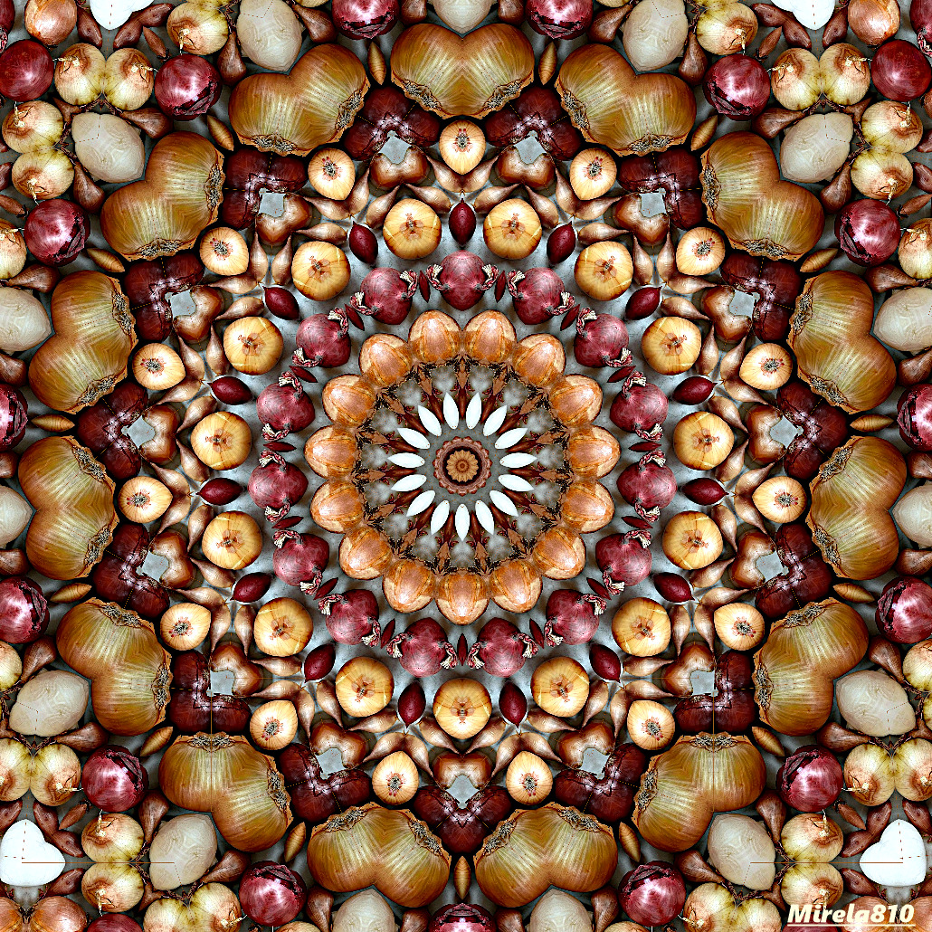 Symmetrical mandala with golden brown spheres and ornate patterns radiating from central orange and white flower design