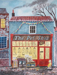 Illustrated pet shop storefront with red window frame, bird cages, bunting flags, and a small dog outside