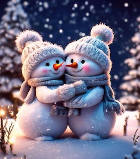 Two cute snowmen hugging in the snow, wearing knit hats and scarves at night