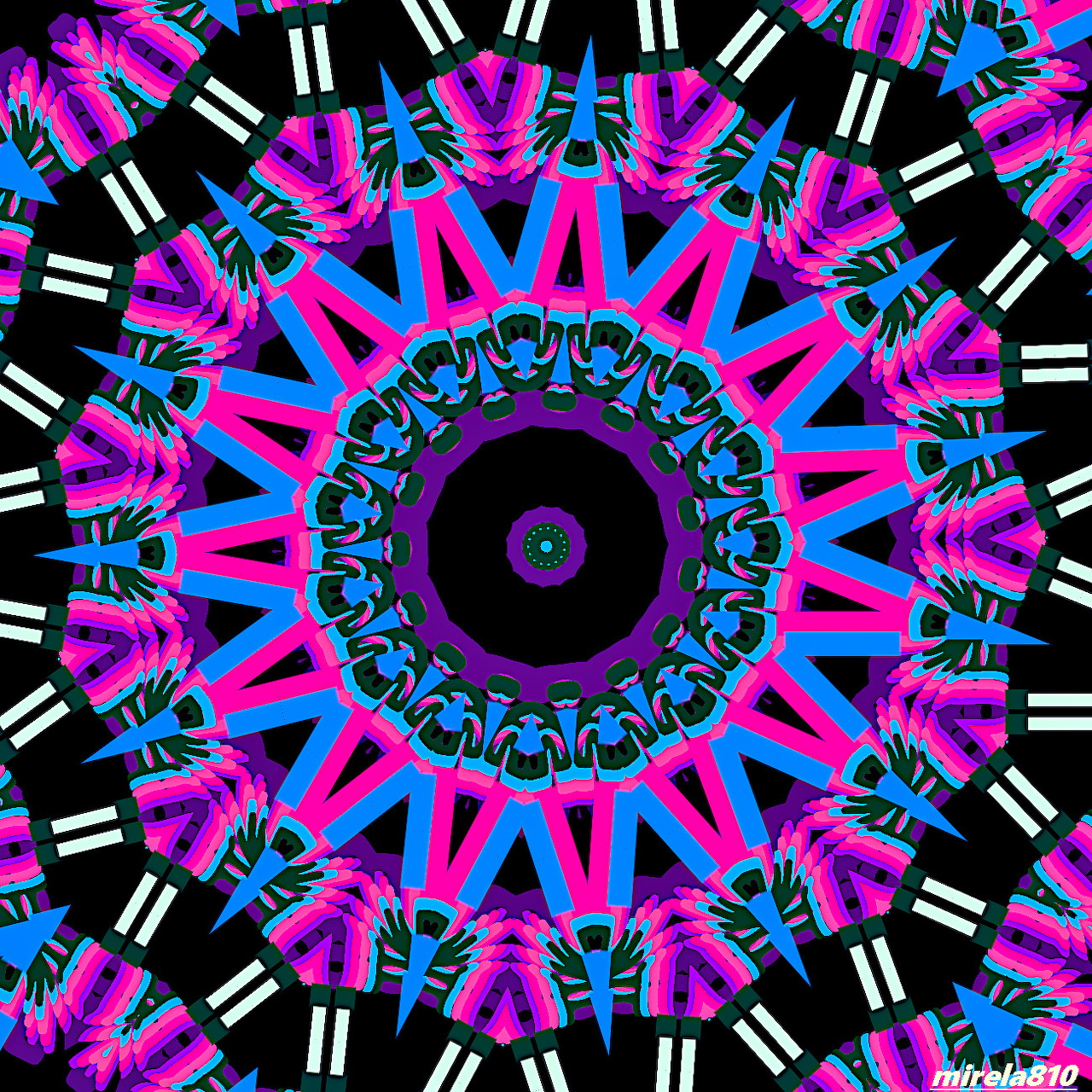 Symmetrical mandala with vibrant pink, cyan, and purple geometric patterns on black background