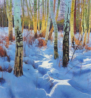 Oil painting of birch trees in a snowy winter forest with blue shadows and warm sunlight