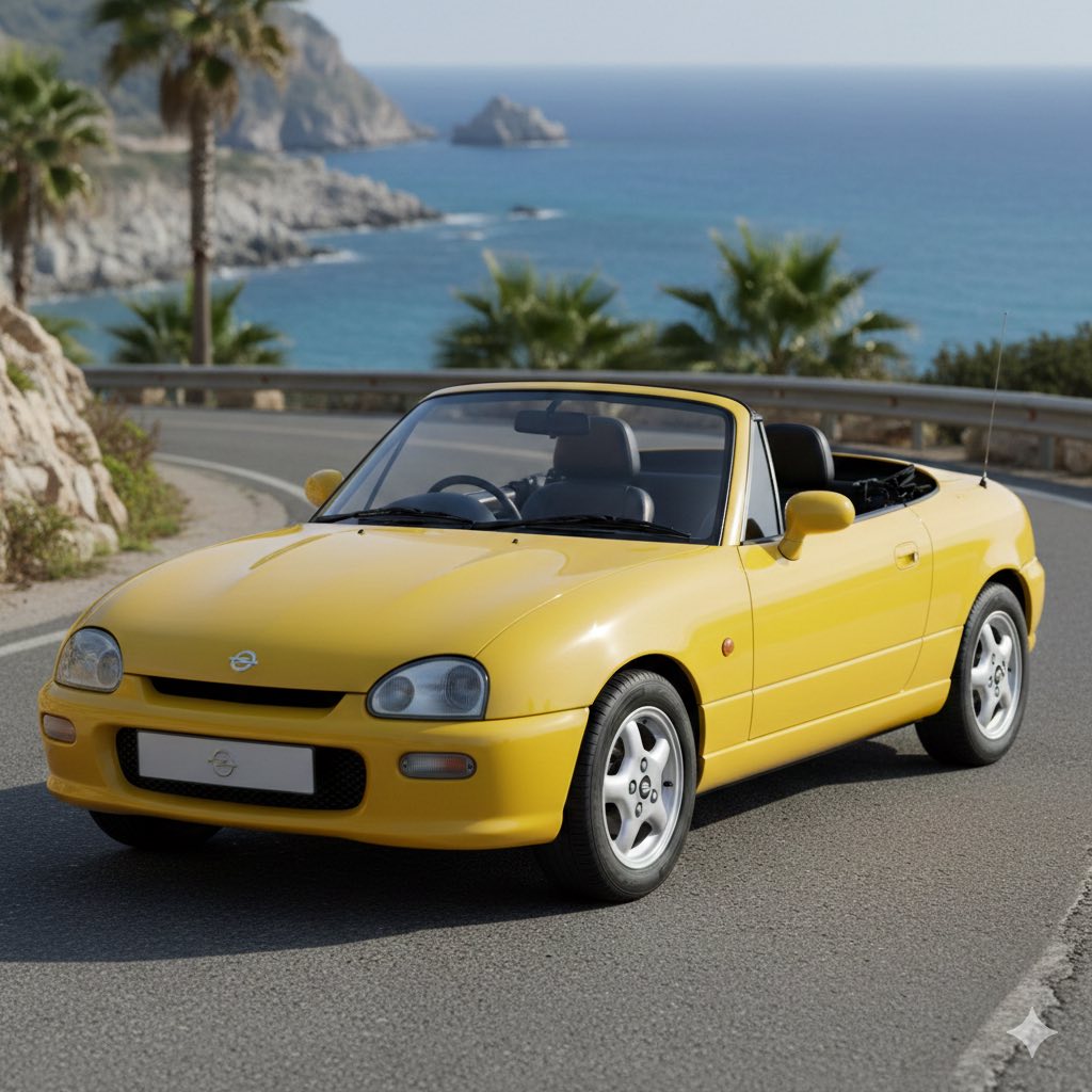 Yellow convertible car on a coastal road overlooking the ocean and cliffs