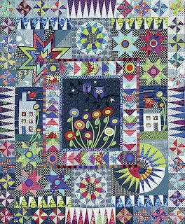 Colorful patchwork quilt with geometric patterns and central floral design on black background