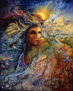 Fantasy painting of a woman representing nature elements with ocean, trees, sun, and colorful landscapes in her form