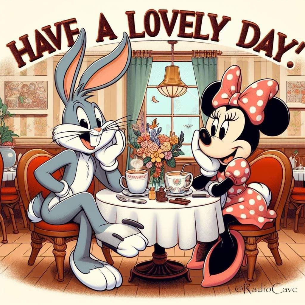 Bugs Bunny and Minnie Mouse having tea together at a round table indoors