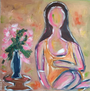 Impressionist painting of woman in yellow dress next to vase with pink flowers, soft colorful brushwork