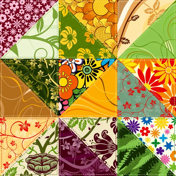 Colorful patchwork quilt pattern with floral designs in triangular sections