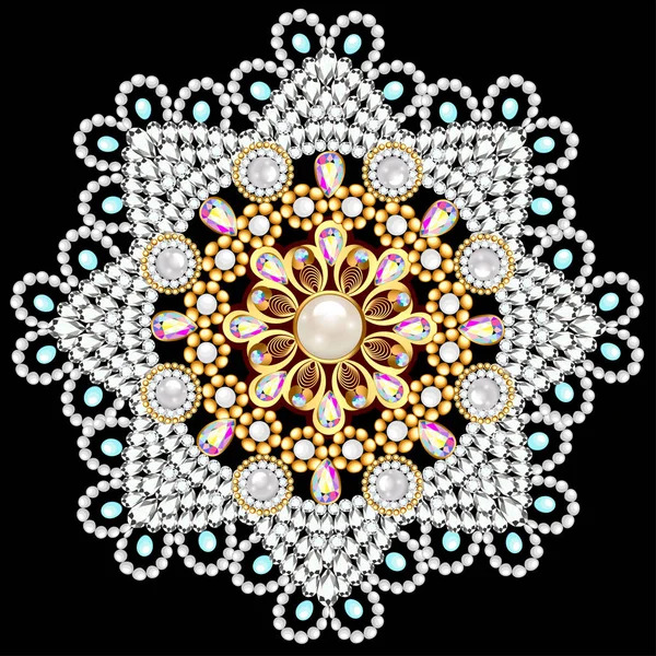 White lace mandala with golden flower center and symmetrical beaded pattern on black background