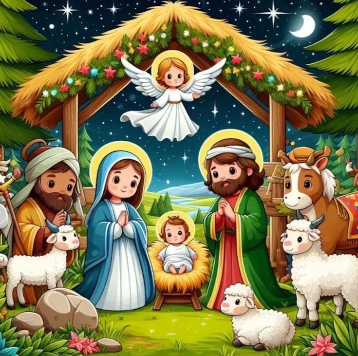 Colorful illustration of nativity scene with Holy Family, angel, shepherds, and animals in stable