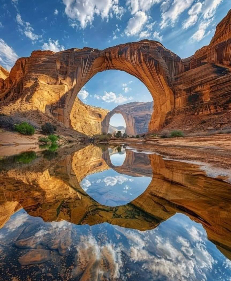 Sandstone arch and blue sky reflected in a calm desert pool.